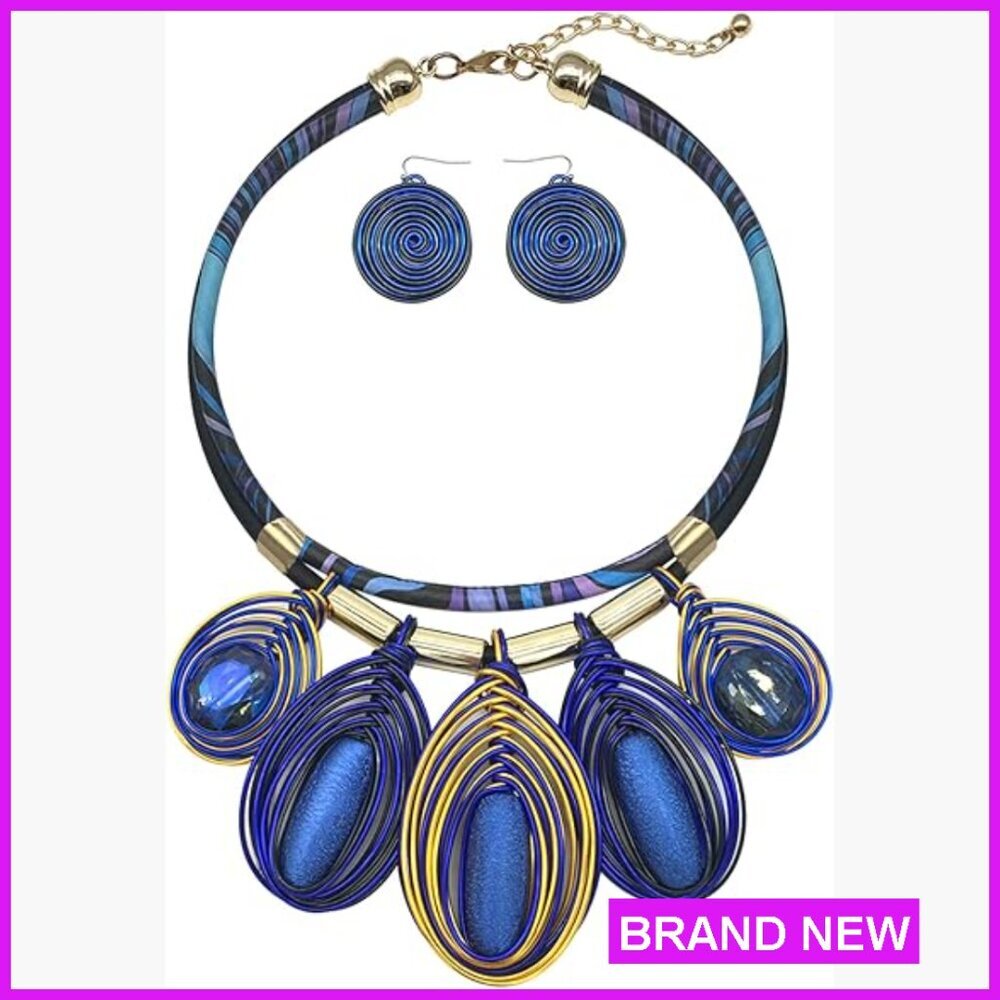 Statement Necklace Set Chunky Tribal Jewelry Handmade Rhinestone Crystal Gold